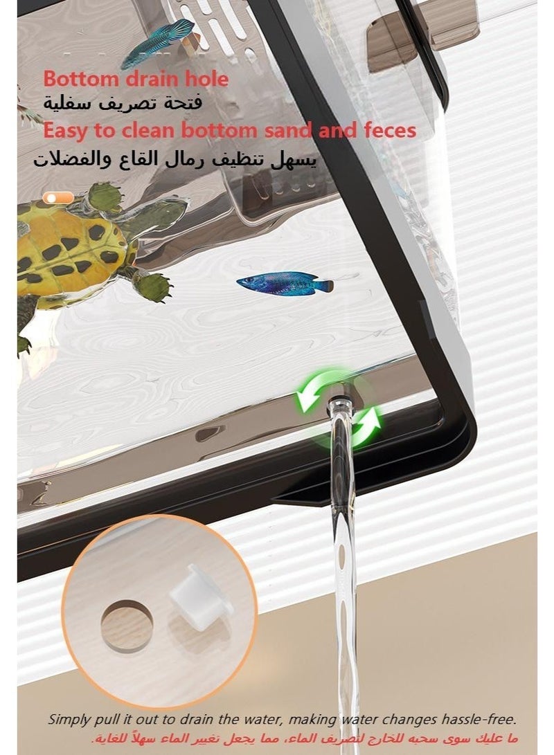 HD Transparent Turtle Fish Tank, Explosion-Proof Waterproof Reptile Habitat with Adjustable Lift Basking Ladder, Cover Plate & Drain Plug, Easy Clean Desktop Aquarium Tank for Small Turtles, Goldfish - Image 2