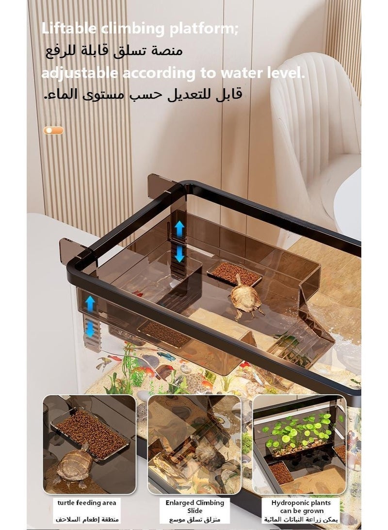HD Transparent Turtle Fish Tank, Explosion-Proof Waterproof Reptile Habitat with Adjustable Lift Basking Ladder, Cover Plate & Drain Plug, Easy Clean Desktop Aquarium Tank for Small Turtles, Goldfish - Image 3