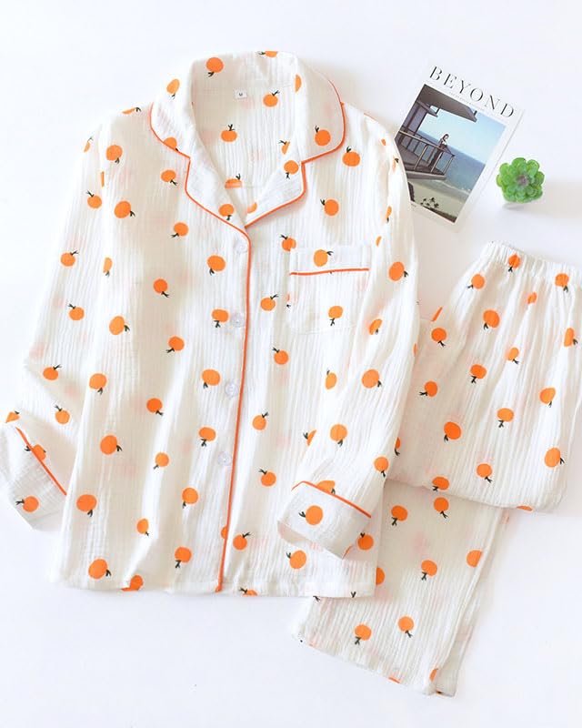 codcm Womens Cotton Gauze Pajama Set Long Sleeve Button Up Shirt and Pants 2 Piece Cute Printed Pj Set - Image 2