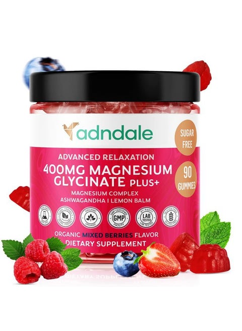 90 CT Magnesium Glycinate Gummies 400 mg/Serv - with Ashwagandha, Magnesium Malate & Taurate - Sugar Free Chews for Adults & Kids Relaxation, Stress Relief, Night Rest, Muscle & Cardio Support