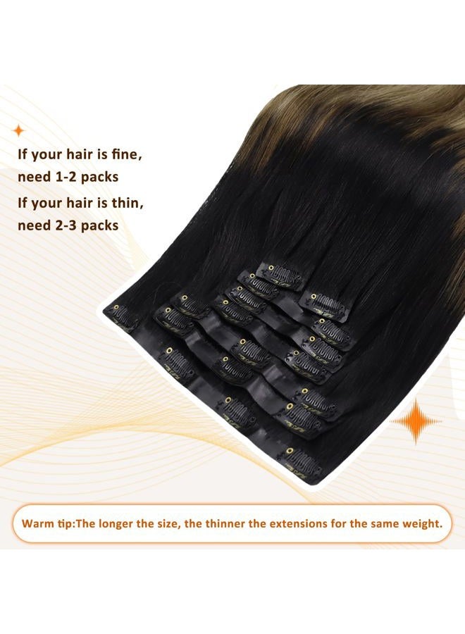 Full Shine Clip in Hair Extensions Real Human Hair Ombre Black Seamless Hair Extensions Clip ins Balayage Black to Light Brown Mix Honey Blonde Invisible Clip in Extensions 12 Inch 8 Pcs 95 g - Image 3