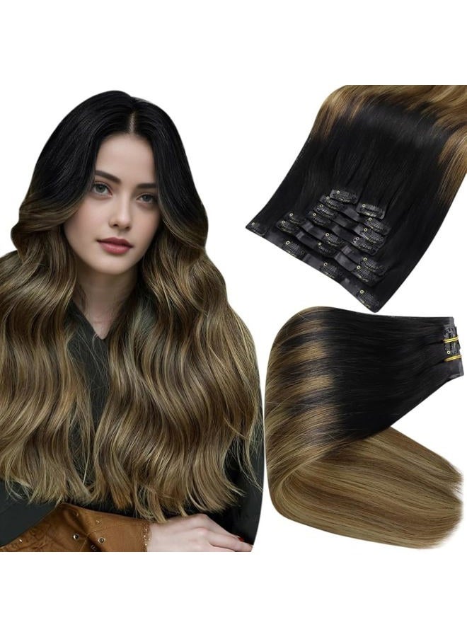 Full Shine Clip in Hair Extensions Real Human Hair Ombre Black Seamless Hair Extensions Clip ins Balayage Black to Light Brown Mix Honey Blonde Invisible Clip in Extensions 12 Inch 8 Pcs 95 g - Image 1