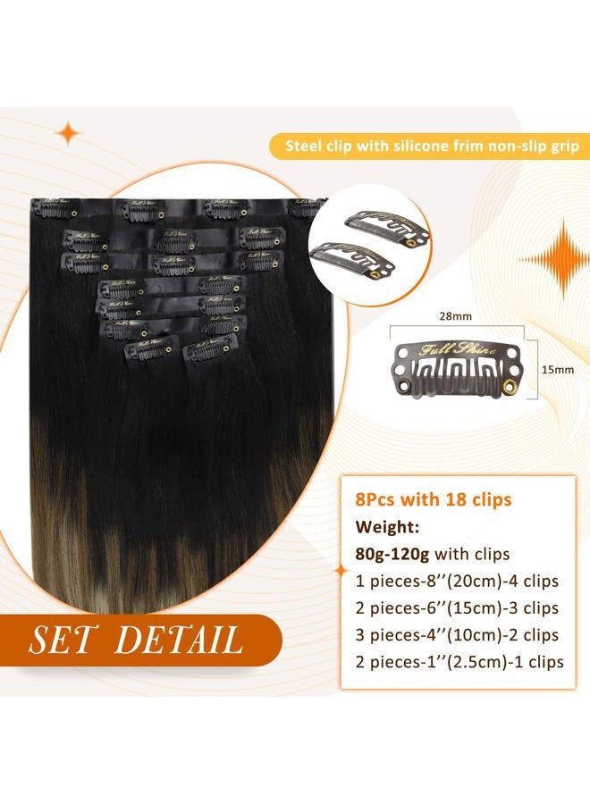 Full Shine Clip in Hair Extensions Real Human Hair Ombre Black Seamless Hair Extensions Clip ins Balayage Black to Light Brown Mix Honey Blonde Invisible Clip in Extensions 12 Inch 8 Pcs 95 g - Image 2