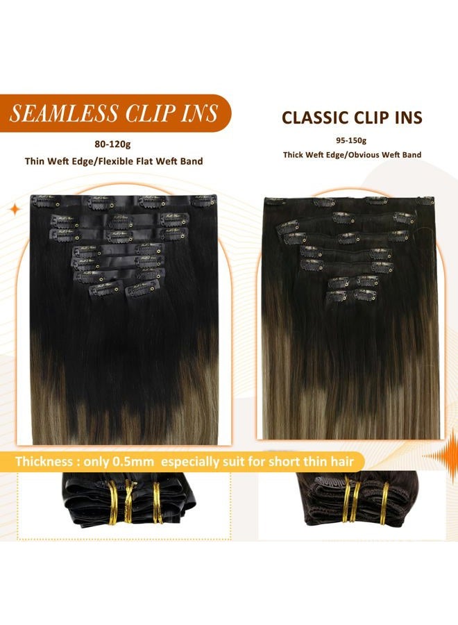 Full Shine Clip in Hair Extensions Real Human Hair Ombre Black Seamless Hair Extensions Clip ins Balayage Black to Light Brown Mix Honey Blonde Invisible Clip in Extensions 12 Inch 8 Pcs 95 g - Image 5