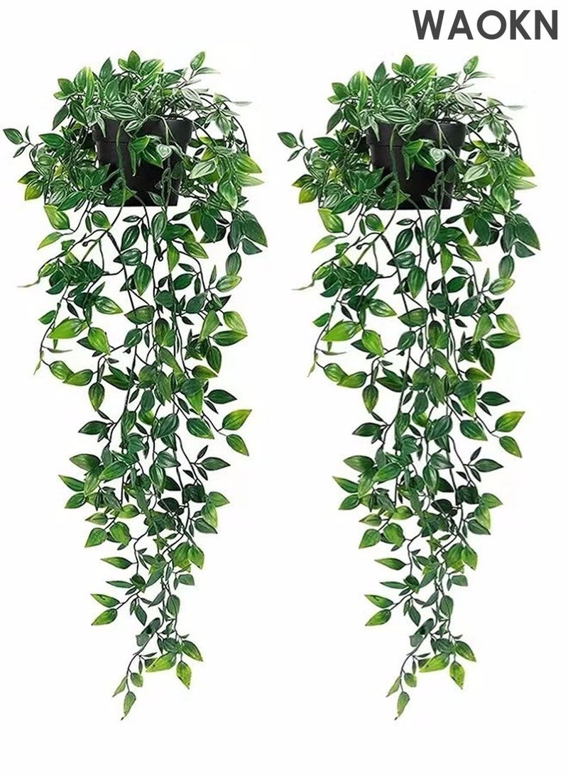 دبليو أيه أو كي أن نبات ماندالا صناعي معلق في أوعية، قطعتان بأوراق صناعية واقعية، نبات معلق مزيف صديق للبيئة مع ديكور في وعاء للمنزل والمكتب ورف حديقة داخلي وخارجي - Image 1