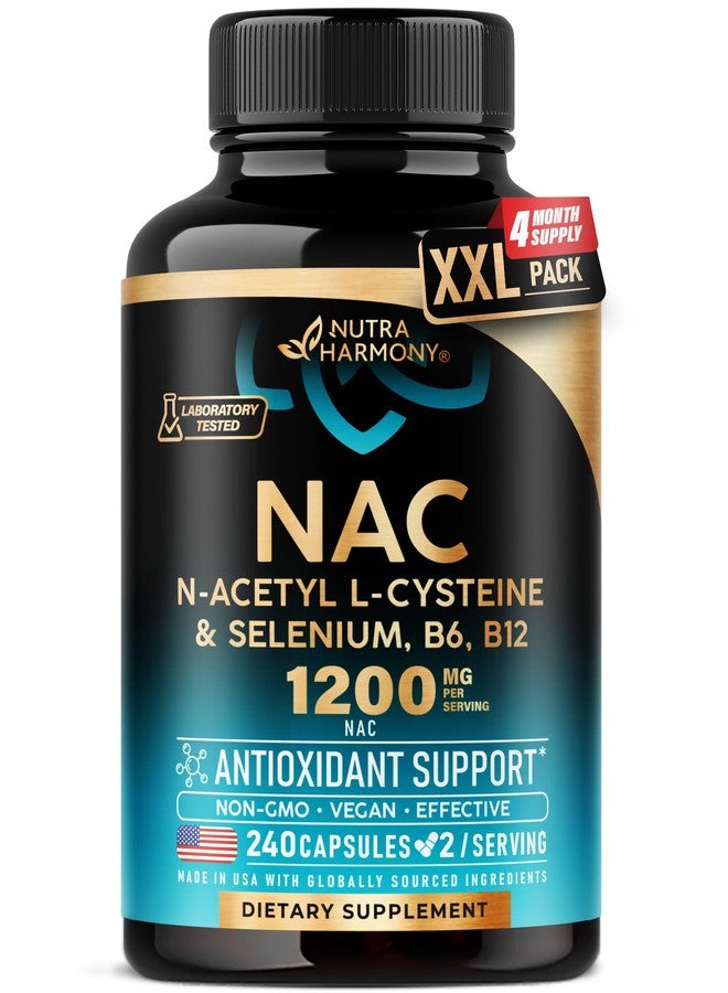 NUTRAHARMONY NAC Supplement | Selenium | B6 | B12 - Antioxidant, Immune Support - N Acetyl Cysteine 600 mg per Capsule, 1200 mg per Serving - Made in USA - Non-GMO, Gluten-Free, Vegan - 240 Caps, 4 Month Supply - Image 1