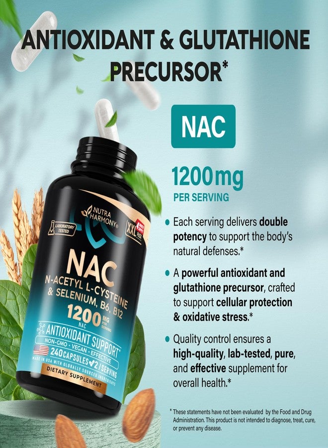 NUTRAHARMONY NAC Supplement | Selenium | B6 | B12 - Antioxidant, Immune Support - N Acetyl Cysteine 600 mg per Capsule, 1200 mg per Serving - Made in USA - Non-GMO, Gluten-Free, Vegan - 240 Caps, 4 Month Supply - Image 3
