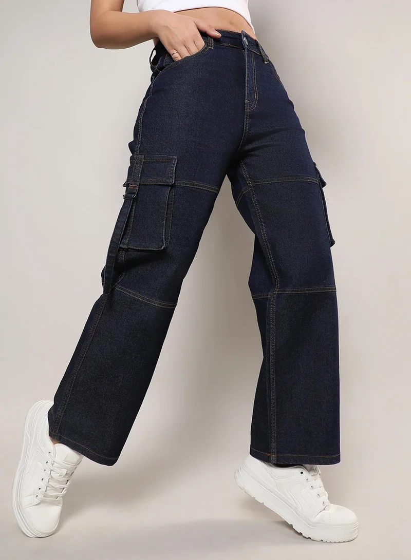 كامبوس سوترا Women's Dark Blue Straight Fit Cargo Denim Jeans