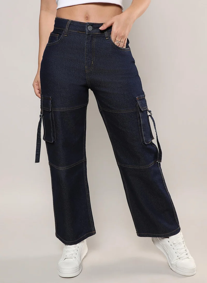 كامبوس سوترا Women's Dark Blue Straight Fit Cargo Denim Jeans