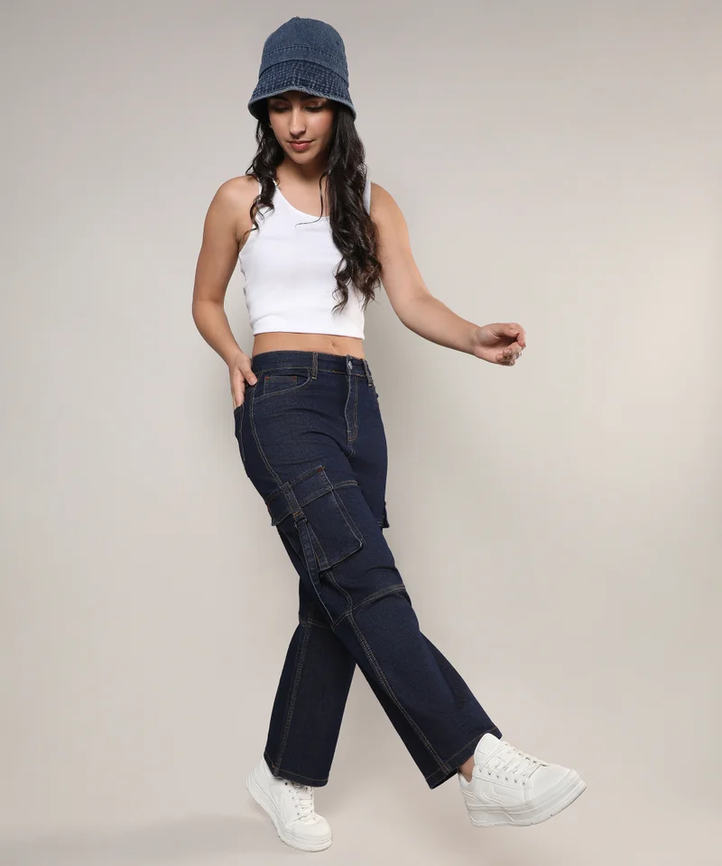 Campus Sutra Women's Dark Blue Straight Fit Cargo Denim Jeans