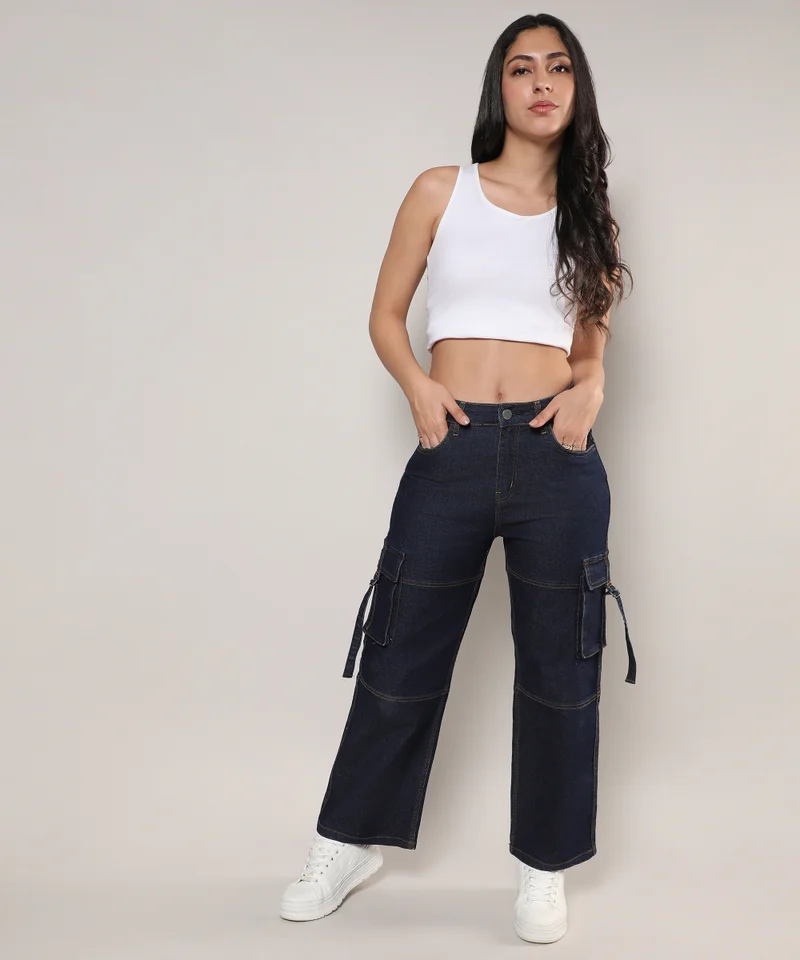 Campus Sutra Women's Dark Blue Straight Fit Cargo Denim Jeans