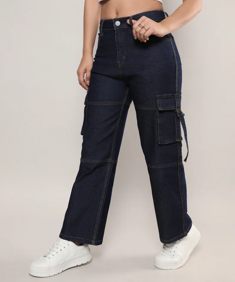 Campus Sutra Women's Dark Blue Straight Fit Cargo Denim Jeans