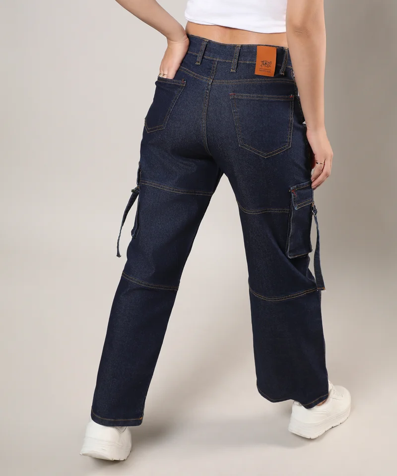 Campus Sutra Women's Dark Blue Straight Fit Cargo Denim Jeans