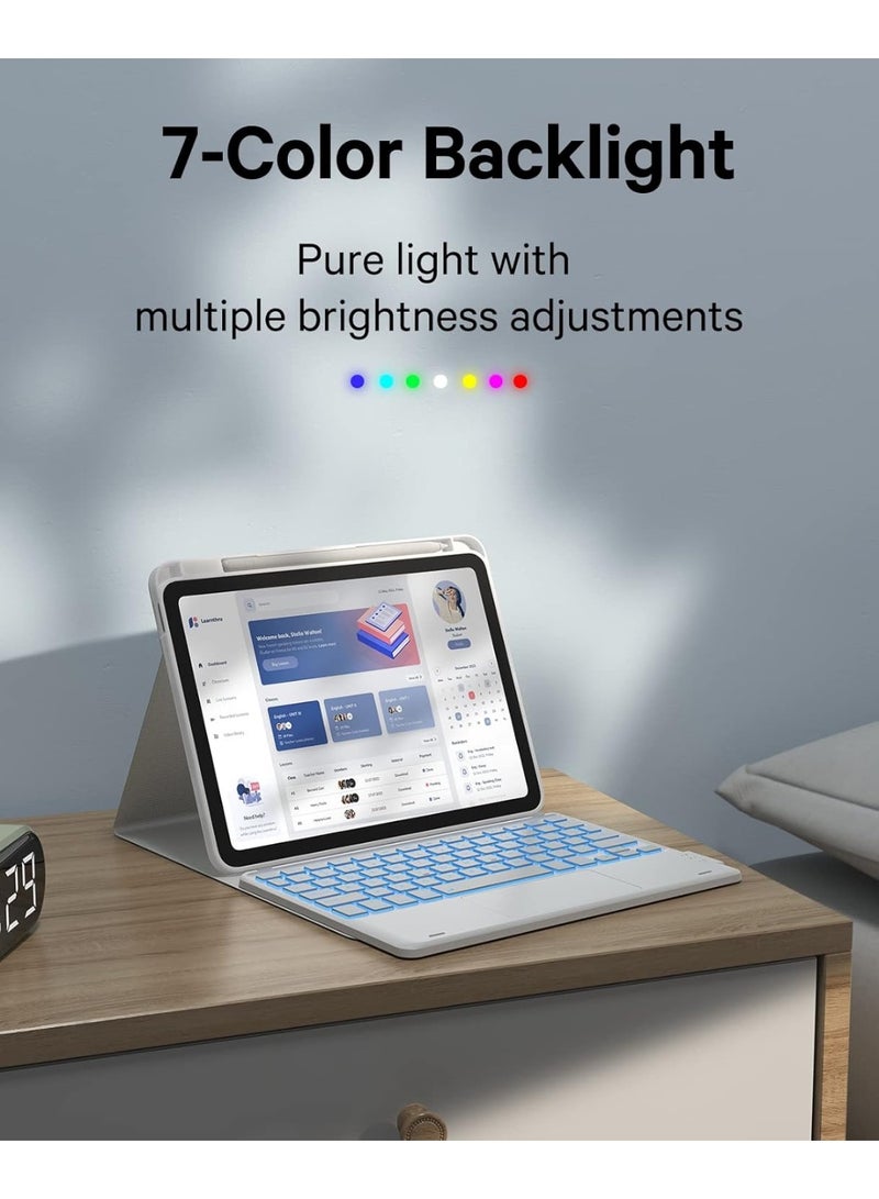 Arabic/English  Keyboard Case for iPad 11th Generation(A16,2025) / 10th Generation(2022), Stain-Resistant Cover, 7 Color Backlit, Detachable Keyboard Case with Touchpad and Pencil Holder, white - Image 3