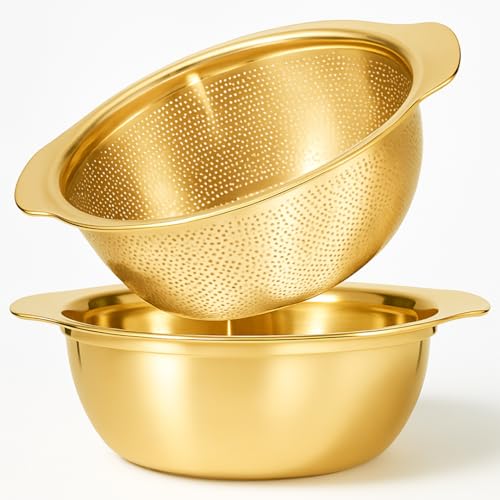 SHREESAMP Stainless Steel Microporous Colander and Mixing Bowl Set – Large Capacity Strainer with Handle for Rice Washer, Food Grade Pasta Strainer, Fruit & Vegetable Washing Bowl, Dishwasher Safe - Image 1