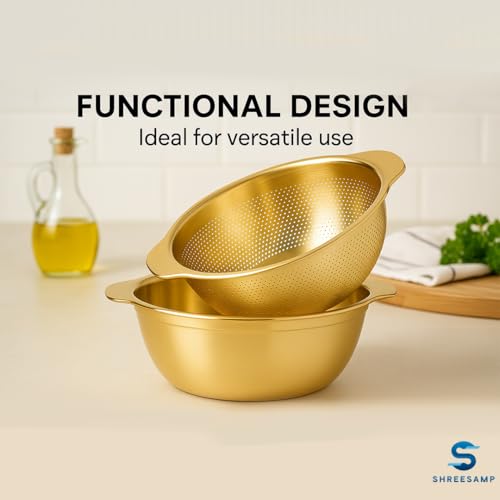 SHREESAMP Stainless Steel Microporous Colander and Mixing Bowl Set – Large Capacity Strainer with Handle for Rice Washer, Food Grade Pasta Strainer, Fruit & Vegetable Washing Bowl, Dishwasher Safe - Image 4