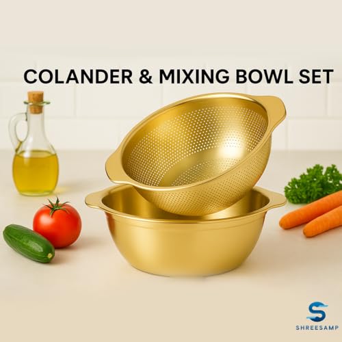 SHREESAMP Stainless Steel Microporous Colander and Mixing Bowl Set – Large Capacity Strainer with Handle for Rice Washer, Food Grade Pasta Strainer, Fruit & Vegetable Washing Bowl, Dishwasher Safe - Image 5
