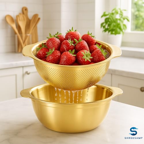 SHREESAMP Stainless Steel Microporous Colander and Mixing Bowl Set – Large Capacity Strainer with Handle for Rice Washer, Food Grade Pasta Strainer, Fruit & Vegetable Washing Bowl, Dishwasher Safe - Image 2