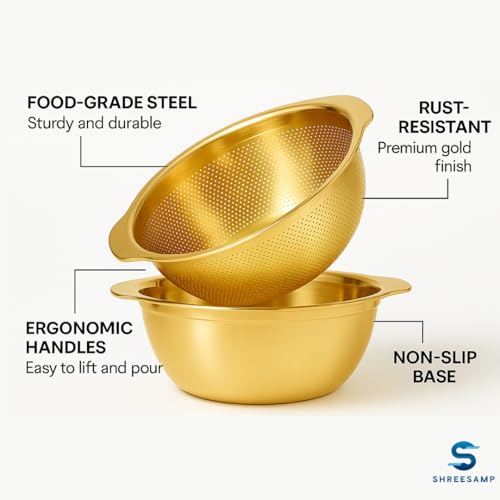SHREESAMP Stainless Steel Microporous Colander and Mixing Bowl Set – Large Capacity Strainer with Handle for Rice Washer, Food Grade Pasta Strainer, Fruit & Vegetable Washing Bowl, Dishwasher Safe - Image 3