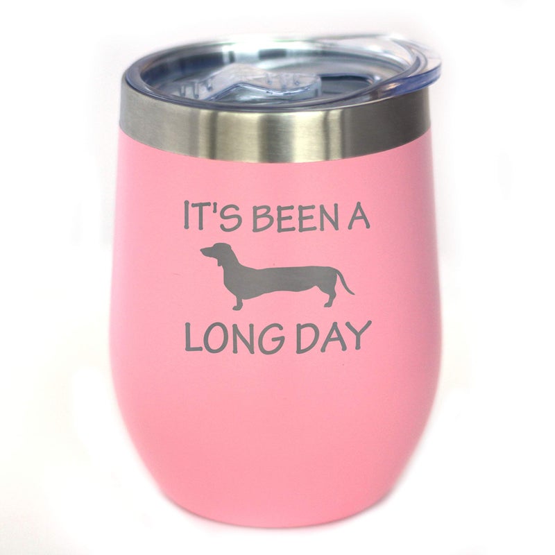 Bevvee Been a Long Day  Dachshund Wine Tumbler with Sliding Lid  Stemless Stainless Steel Insulated Cup  Cute Funny Mug for Coworkers or Boss  Pink 