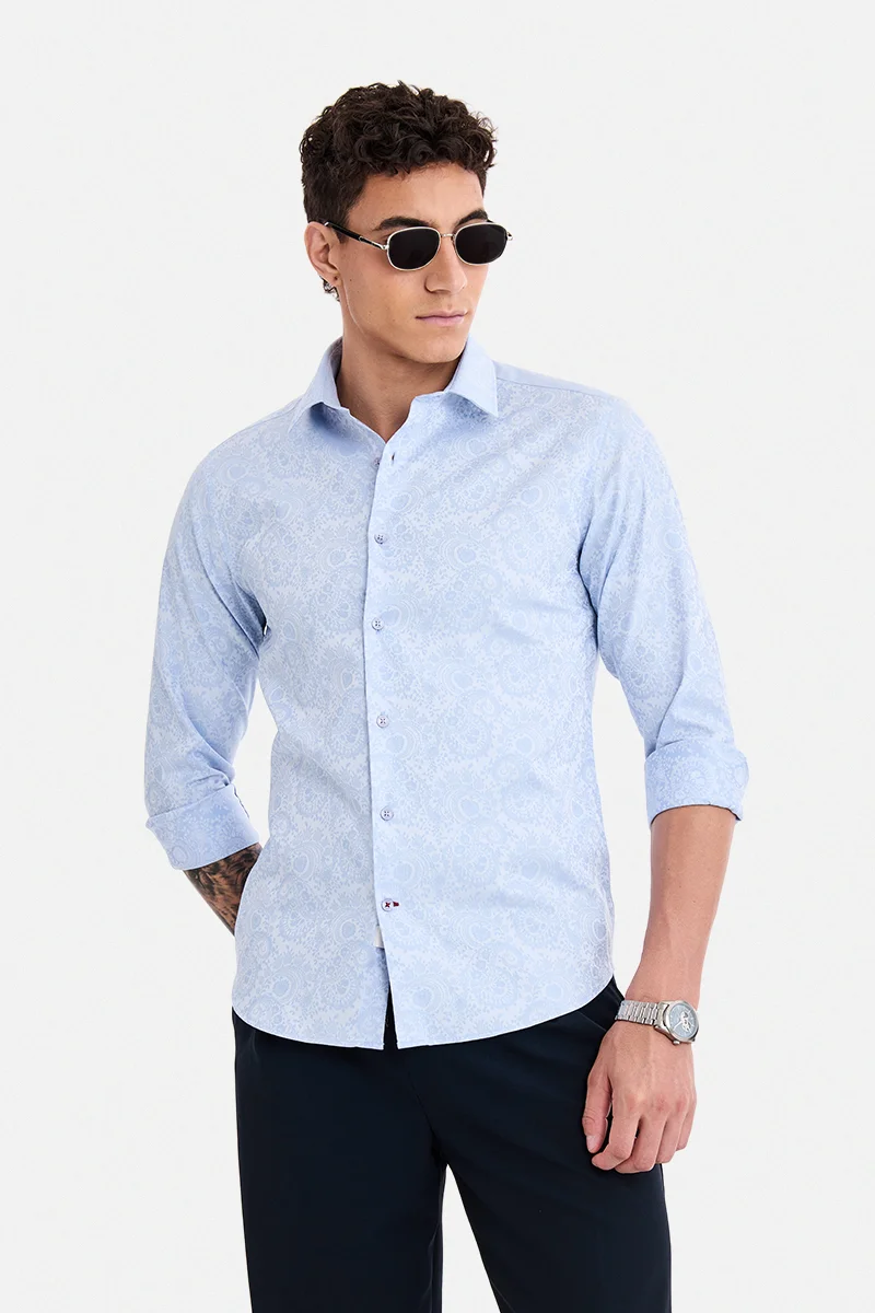 سنيتش Sky Blue Geometric Long Sleeve Slim Fit Formal Shirt