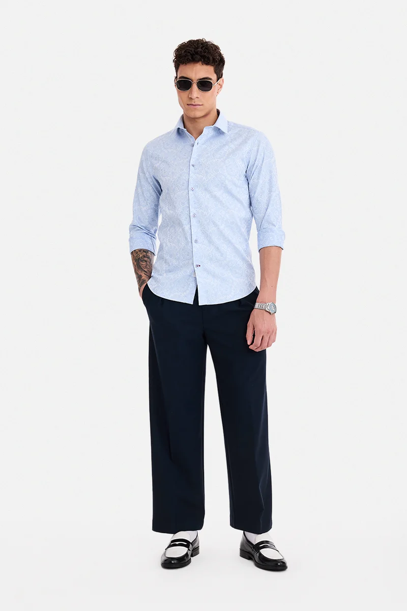 سنيتش Sky Blue Geometric Long Sleeve Slim Fit Formal Shirt