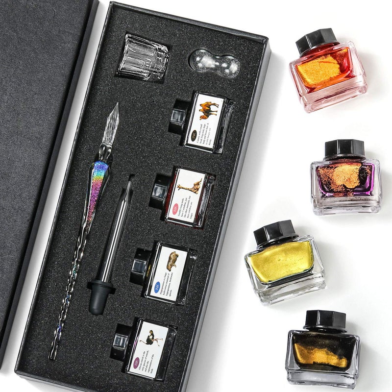 ESSSHOP Handmade Glass Dip Pen and Ink Set  15ml Color Inks Pen Holder Cleaning Cup Ink Drip Tool Crystal Signature Ink Dipped Pen Kit for Art Writing Calligraphy Christmas Day Gifts