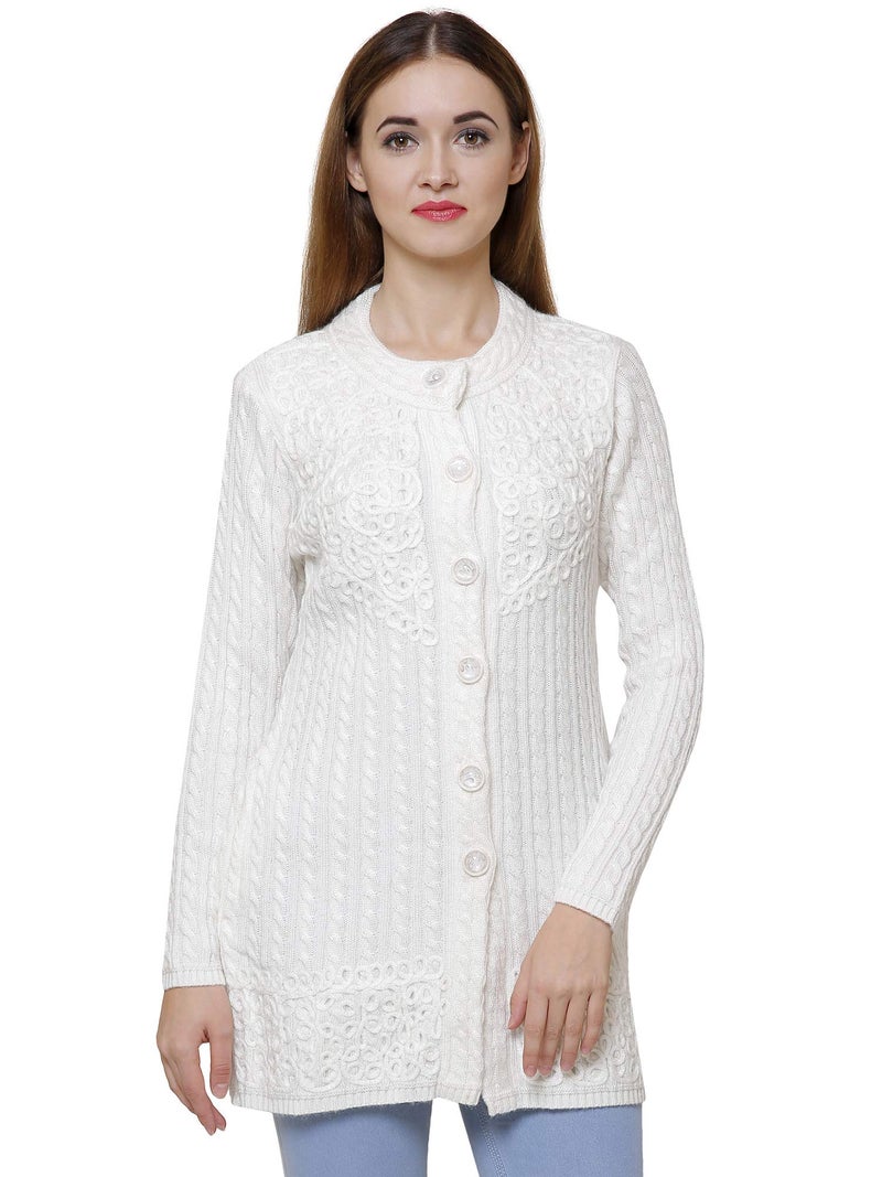 Matelco Embroidered Woollen Round Neck Cardigans with Pockets for Women (3XL, White) - Image 1