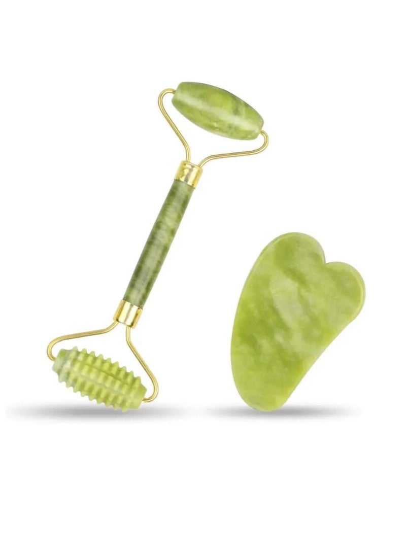 Generic Jade Face Roller Gua Sha Massager Scraper Derma Roller Facial Tools Set for Anti-aging Eye Puffiness Wrinkles Skin Tightening Face Massage Skin Care Kit  - Image 1