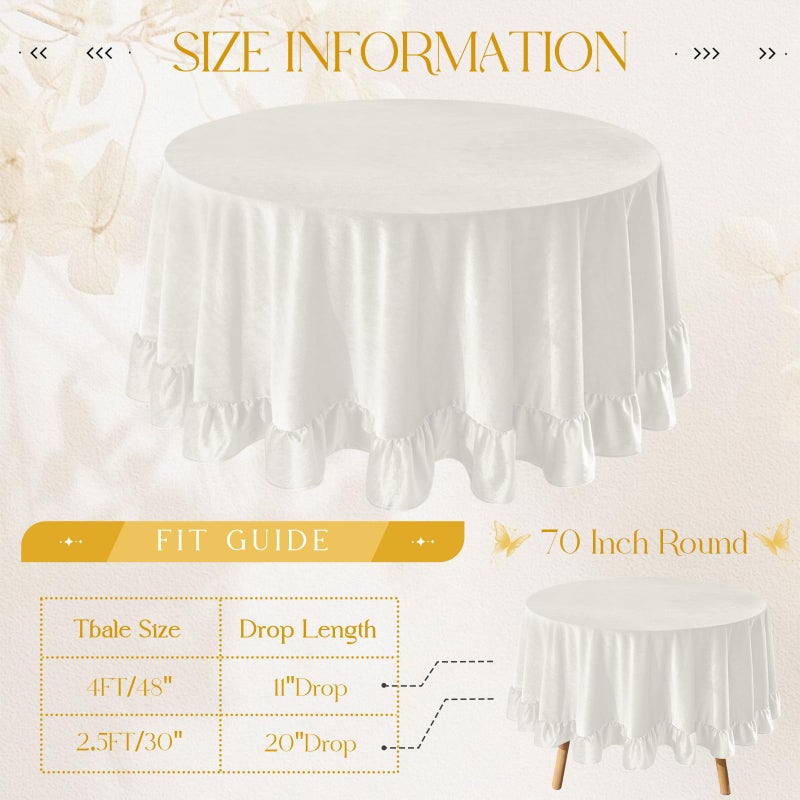 KKJIAF Ivory Velvet Round Tablecloth 70 inch, Retro Farmhouse Ruffle Round Table Cloth Washable Table Cover for Wedding Buffet Parties Baby Shower Kitchen Decoration - Image 2