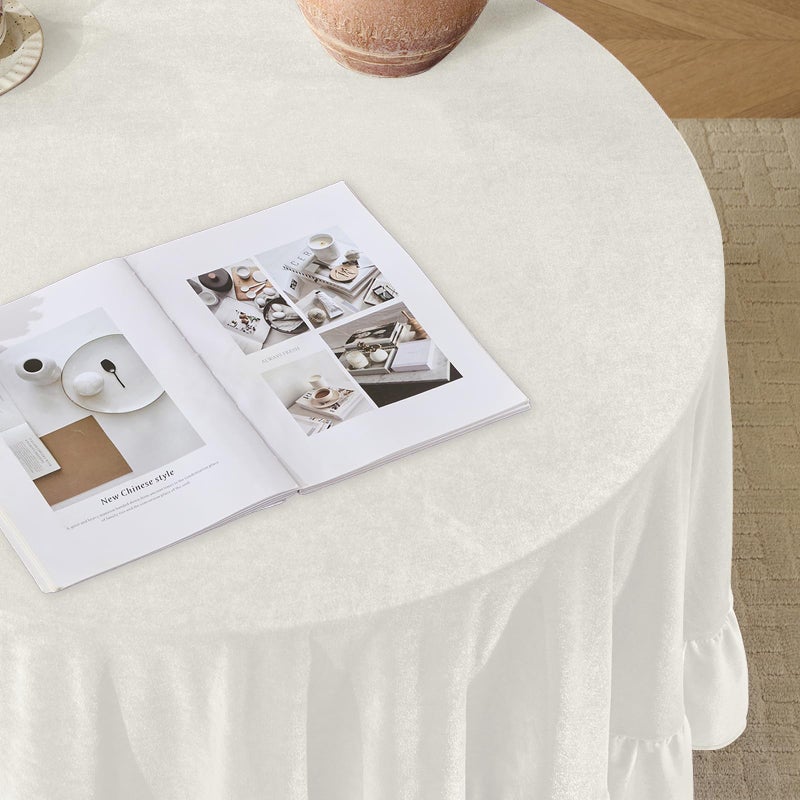 KKJIAF Ivory Velvet Round Tablecloth 70 inch, Retro Farmhouse Ruffle Round Table Cloth Washable Table Cover for Wedding Buffet Parties Baby Shower Kitchen Decoration - Image 3