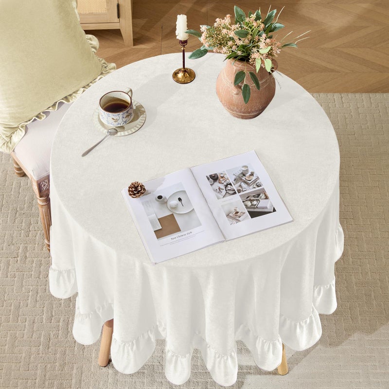 KKJIAF Ivory Velvet Round Tablecloth 70 inch, Retro Farmhouse Ruffle Round Table Cloth Washable Table Cover for Wedding Buffet Parties Baby Shower Kitchen Decoration - Image 5