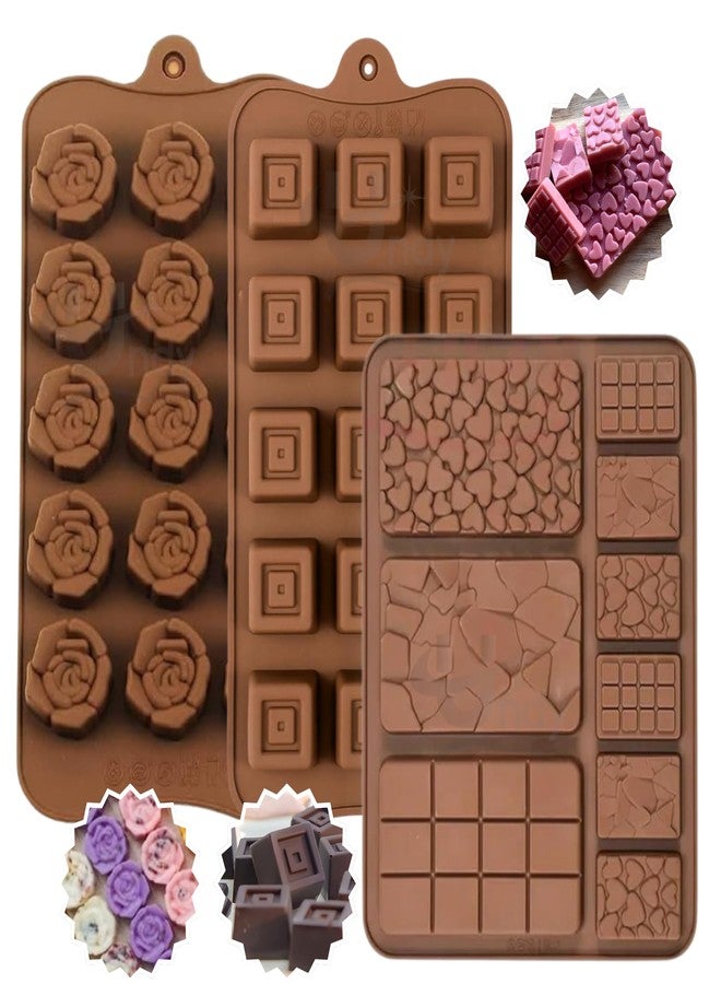 Undy Chocolate Mould Silicone Rose Square Break Apart Bars Shape Chocolate Mould for Chocolate Making Multipurpose Jelly Ice Cubes Cake Decoration Tools, 3 PCS, Brown - Image 1
