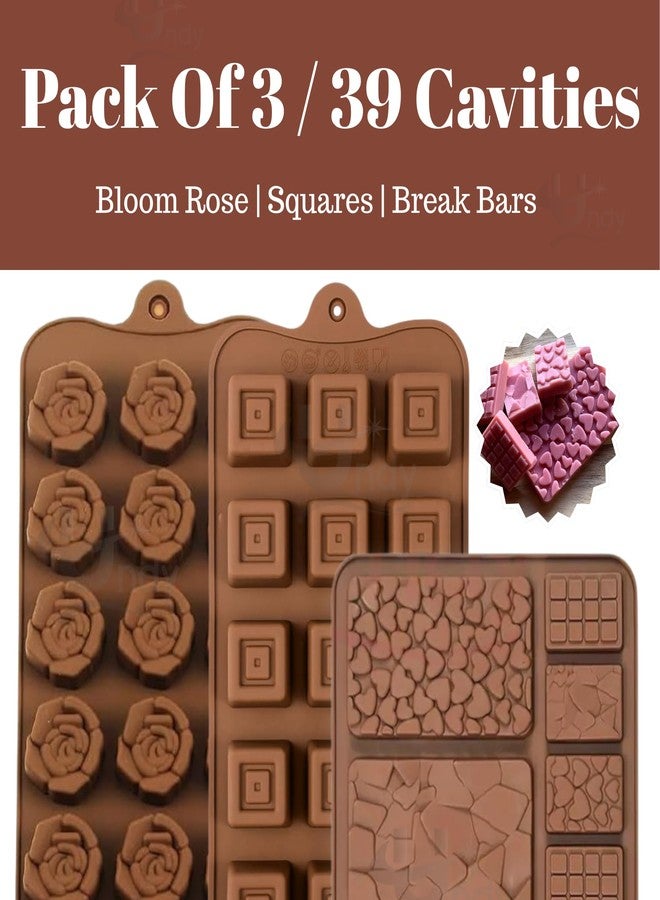 Undy Chocolate Mould Silicone Rose Square Break Apart Bars Shape Chocolate Mould for Chocolate Making Multipurpose Jelly Ice Cubes Cake Decoration Tools, 3 PCS, Brown - Image 2