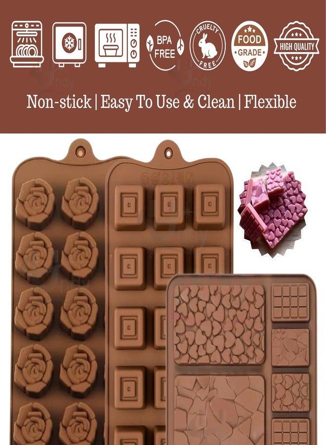 Undy Chocolate Mould Silicone Rose Square Break Apart Bars Shape Chocolate Mould for Chocolate Making Multipurpose Jelly Ice Cubes Cake Decoration Tools, 3 PCS, Brown - Image 3
