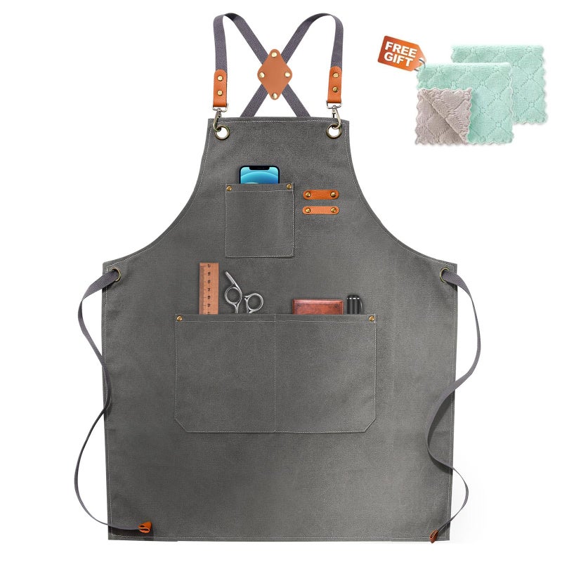 ZOMAO Chef Apron Apron for Men Women with Adjustable Straps Cotton Canvas Cross Back Adjustable Apron with Pockets for Women and MenGrey
