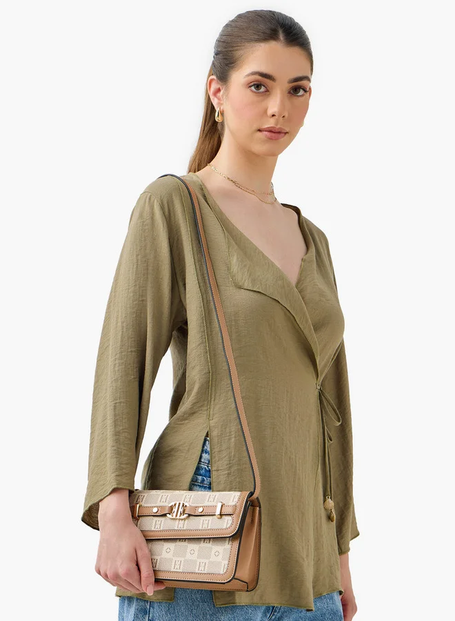 ELLE Monogram Print Crossbody Bag with Adjustable Strap and Flap Closure