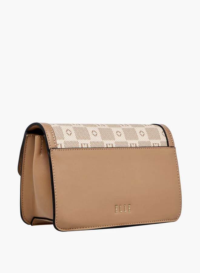 ELLE Monogram Print Crossbody Bag with Adjustable Strap and Flap Closure