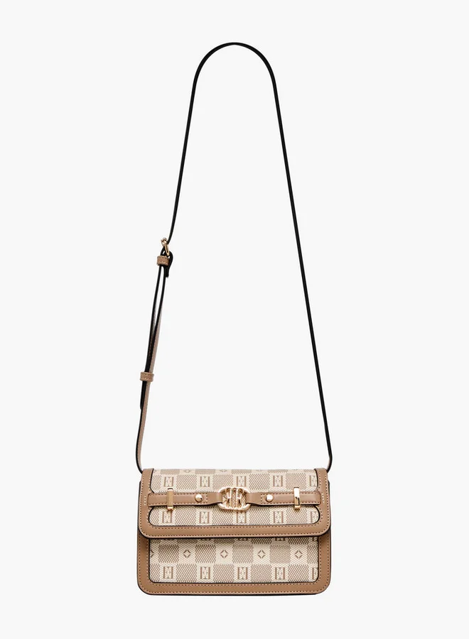 ELLE Monogram Print Crossbody Bag with Adjustable Strap and Flap Closure