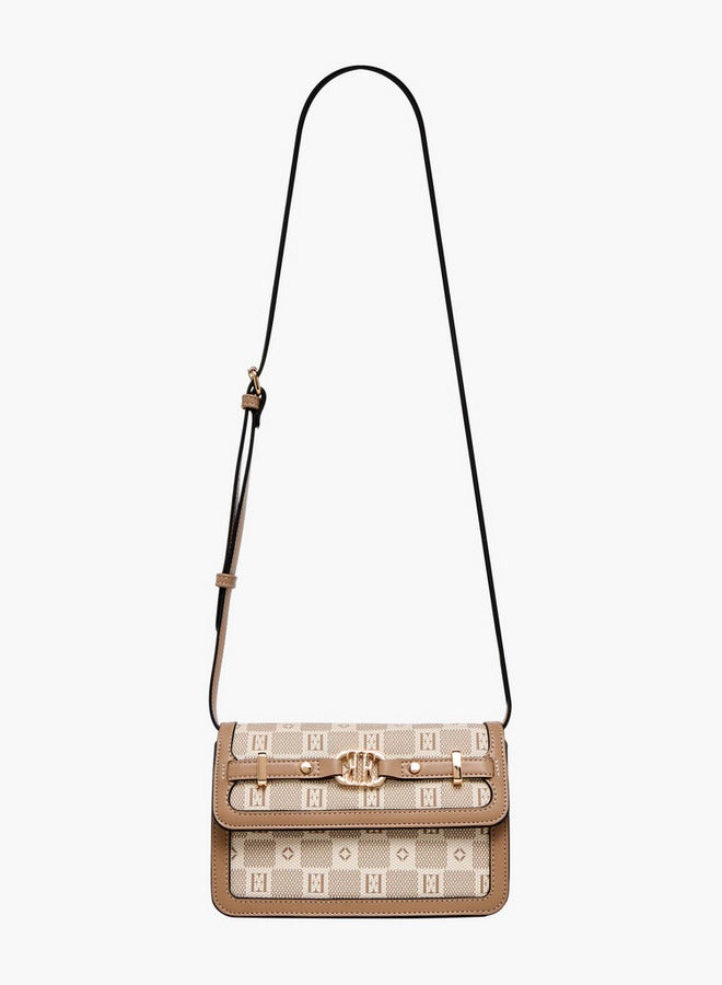 ELLE Monogram Print Crossbody Bag with Adjustable Strap and Flap Closure - Image 3