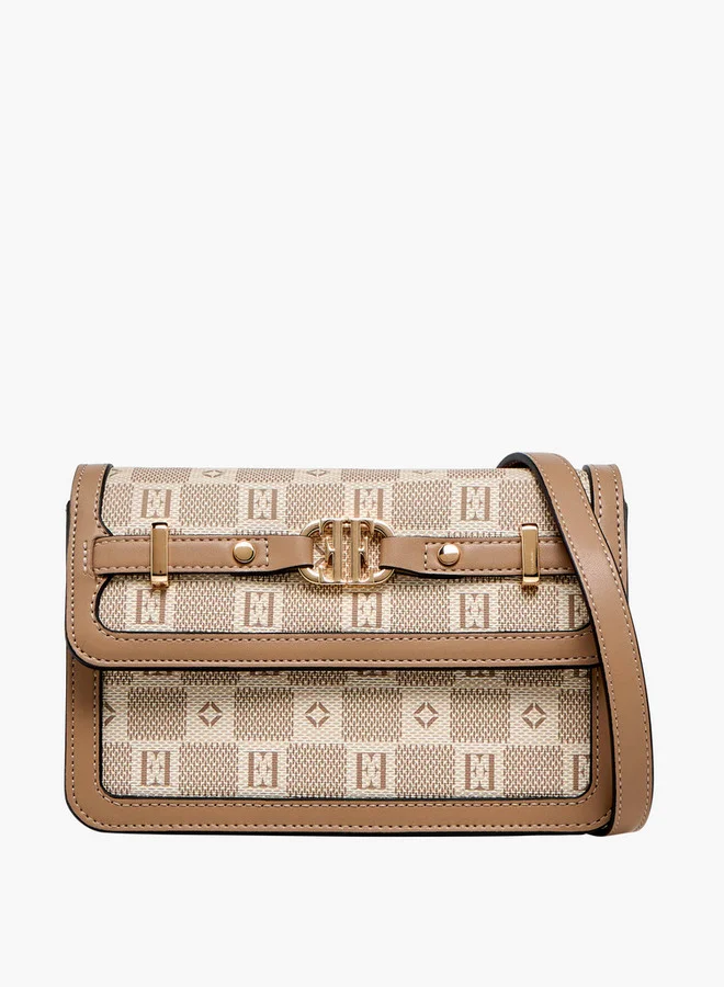 ELLE Monogram Print Crossbody Bag with Adjustable Strap and Flap Closure