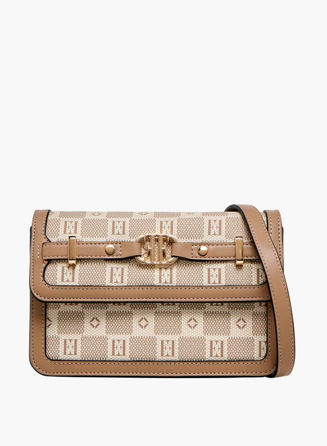 ELLE Monogram Print Crossbody Bag with Adjustable Strap and Flap Closure - Image 1