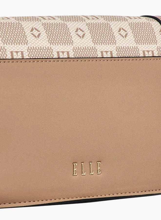 ELLE Monogram Print Crossbody Bag with Adjustable Strap and Flap Closure