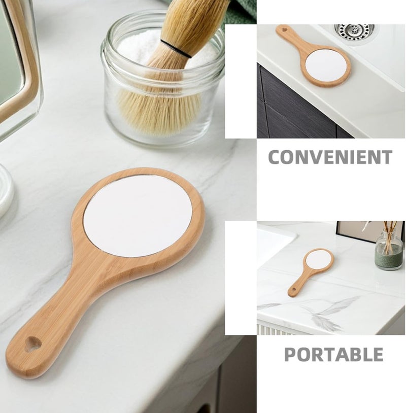 GALPADA 2pcs Handheld Portable Wooden Makeup Mirror with Handle, Round Compact Personal Cosmetic Mirror for Salon, Travel, Bathroom Use - Image 2