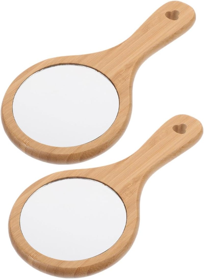 GALPADA 2pcs Handheld Portable Wooden Makeup Mirror with Handle, Round Compact Personal Cosmetic Mirror for Salon, Travel, Bathroom Use - Image 1