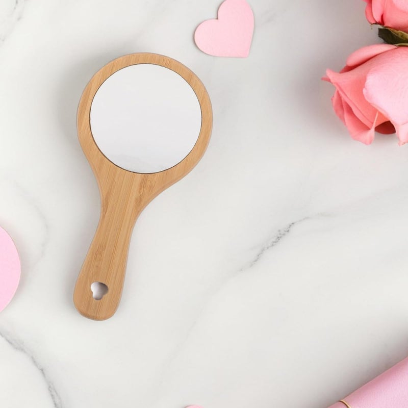 GALPADA 2pcs Handheld Portable Wooden Makeup Mirror with Handle, Round Compact Personal Cosmetic Mirror for Salon, Travel, Bathroom Use - Image 4