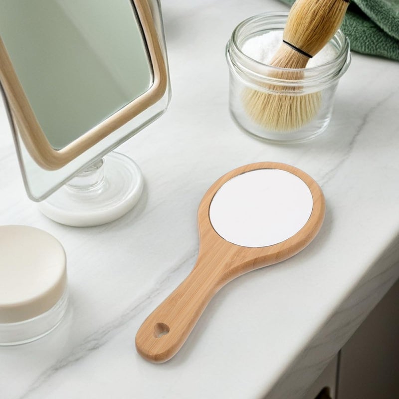 GALPADA 2pcs Handheld Portable Wooden Makeup Mirror with Handle, Round Compact Personal Cosmetic Mirror for Salon, Travel, Bathroom Use - Image 5