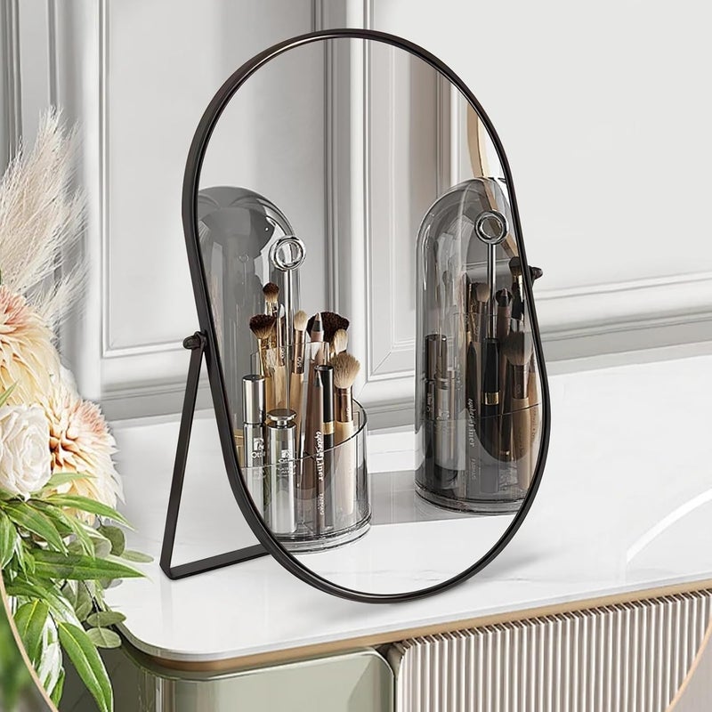 Gosider Desk Mirror Oval Table Mirror 90°Single-Sided Makeup Mirror with Metal Frame Black Portable Countertop Mirror High-Definition Swivel Make Up Mirror for Vanity Living Room Bedroom Tabletop Large - Image 2