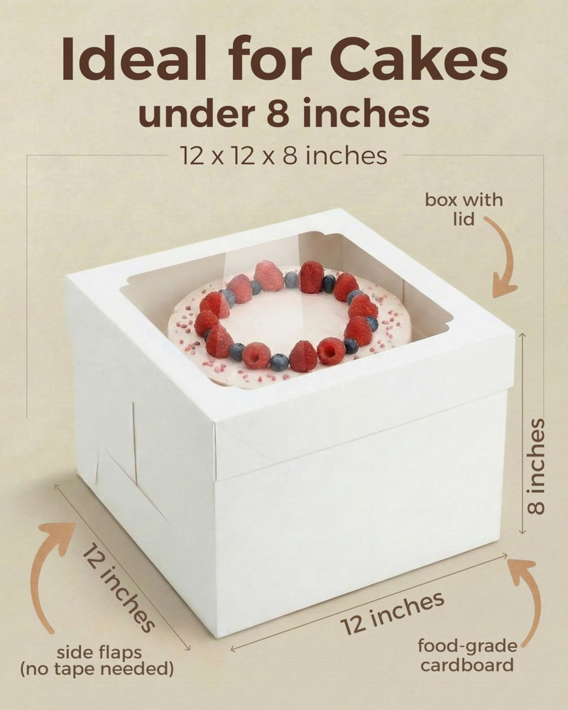 Baregamyan 12x12x8 Inch Cake Boxes 15 pcs, Large 12 Inch Cake Box with Window for 8 Inch Tall Tiered Bakery Cakes, Pies, Sturdy Square White Cardboard, Cake Decorating Supplies (80 Pcs Stickers) - Image 3