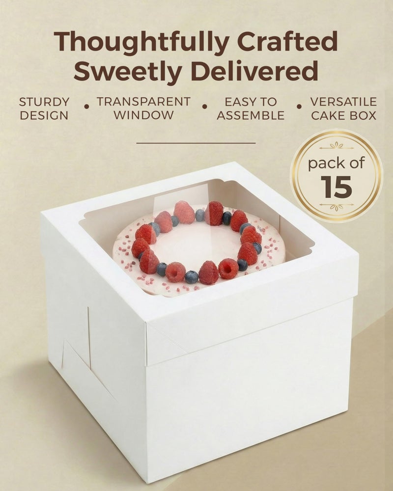 Baregamyan 12x12x8 Inch Cake Boxes 15 pcs, Large 12 Inch Cake Box with Window for 8 Inch Tall Tiered Bakery Cakes, Pies, Sturdy Square White Cardboard, Cake Decorating Supplies (80 Pcs Stickers) - Image 2